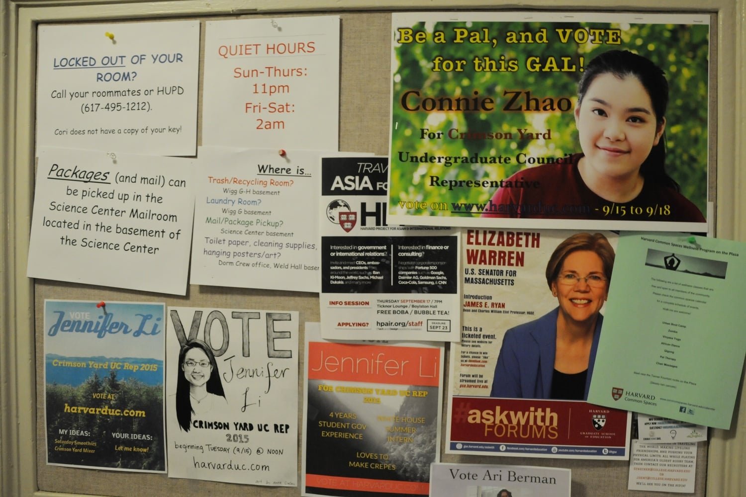 Undergraduate Council campaign posters crowd a bulletin board in Wigglesworth Hall on Tuesday evening. Out of the 136 declared candidates, 74 individuals are members of the Class of 2019.