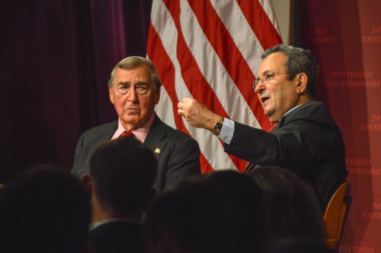 Seated alongside Kennedy School professor Graham T. Allison, former Israeli Prime Minister Ehud Barak discusses both the nuclear treaty and Palestine in a Thursday night appearance at the Institute of Politics. 