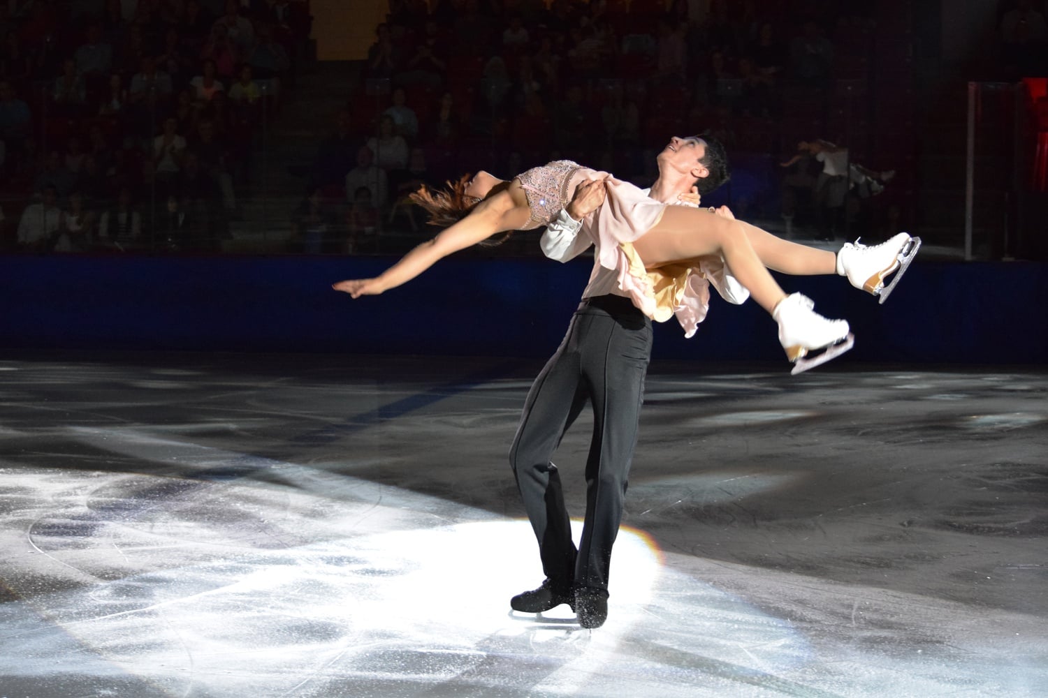 Colin McManus lifts Anastasia Cannuscio during Evening with Champions, a charity figure skating show run by Harvard students benefiting the Jimmy Fund for cancer research.