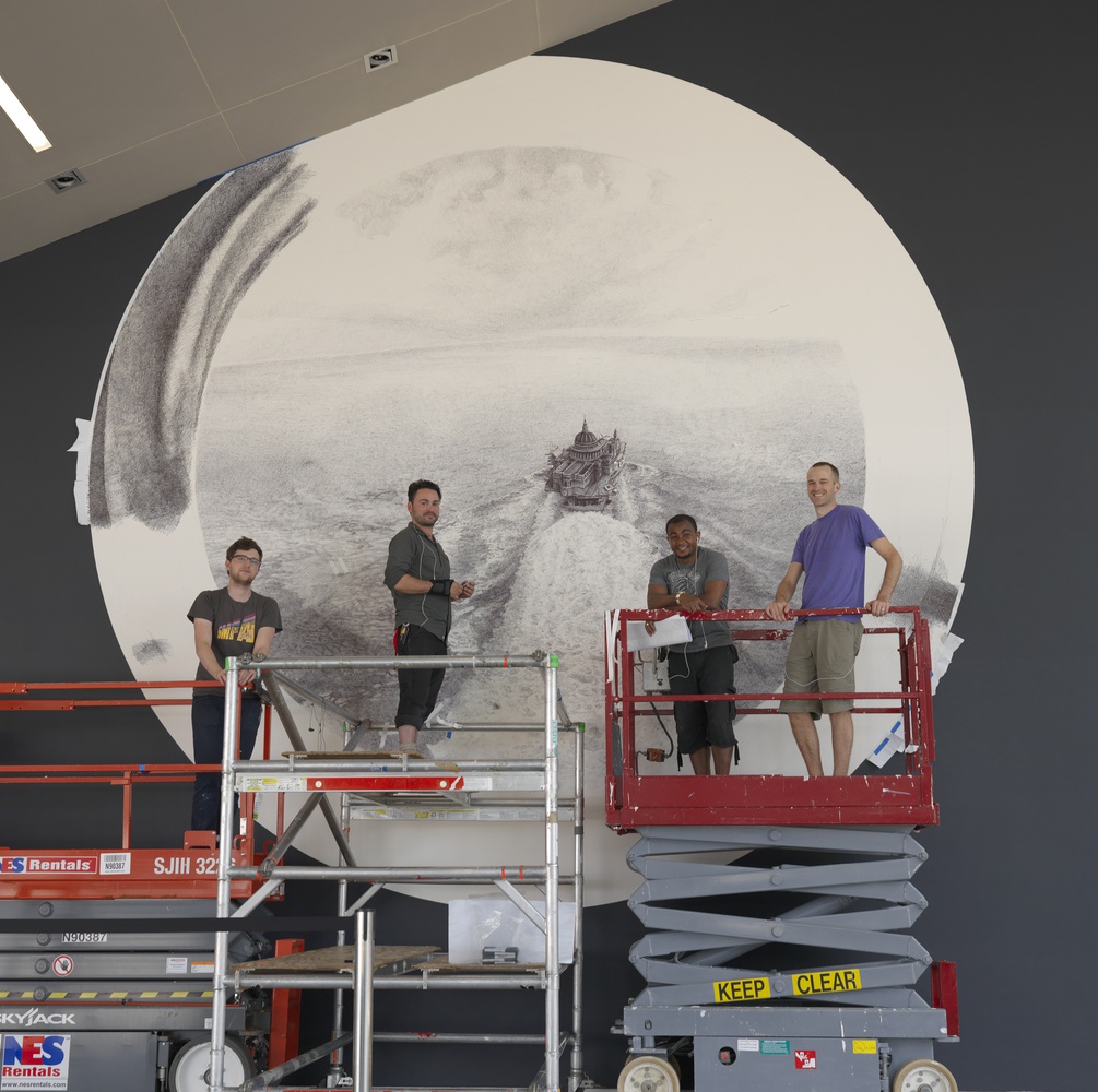 Artist Ethan Murrow and his crew as they prepare "Seastead" for the Institute of Contemporary Art.