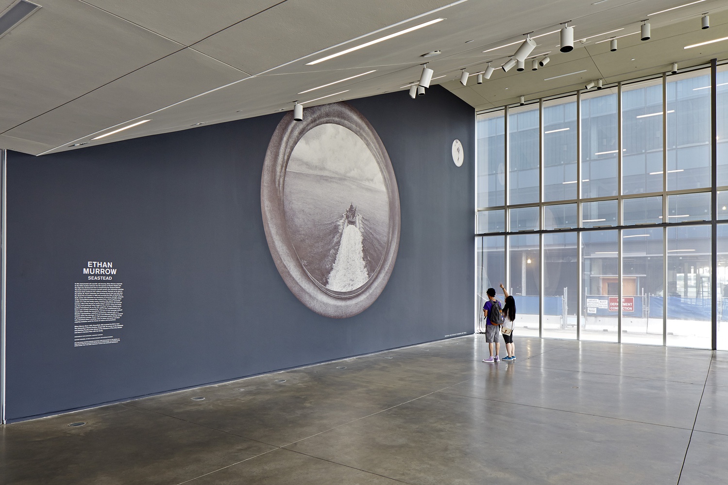 Ethan Murrow's installation "Seastead" rests in the Sandra and Gerald Fineberg Art Wall of the front lobby of the Institute of Contemporary Art.
