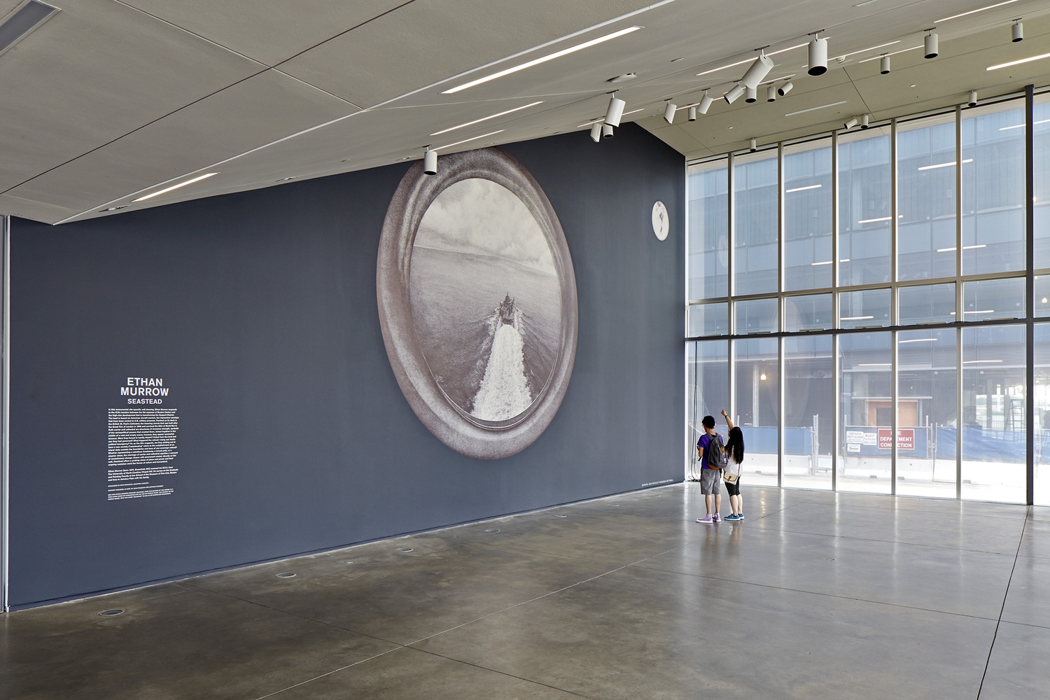 Ethan Murrow's installation "Seastead" rests in the Sandra and Gerald Fineberg Art Wall of the front lobby of the Institute of Contemporary Art.