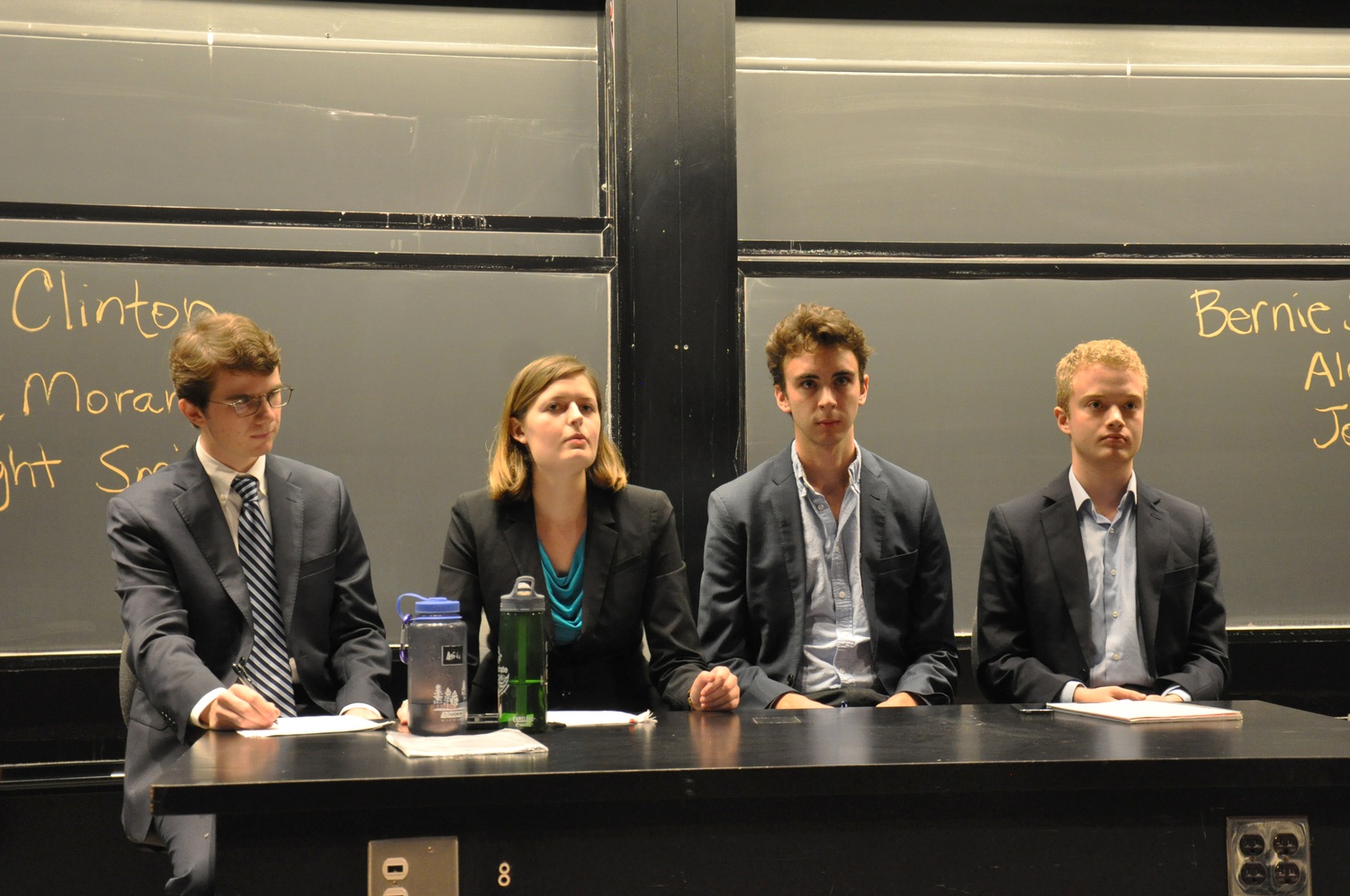 Anastasia S. Moran ’17 (center left) debates on behalf of Hillary Clinton Thursday night in a student democratic primary debate hosted by the Harvard Political Union, alongside fellow Hillary representative Wright L. Smith ’17 (left) and Bernie Sanders representatives Alexander B. Young ’16 (center right) and Jonah W. Saltzman ’17 (right).