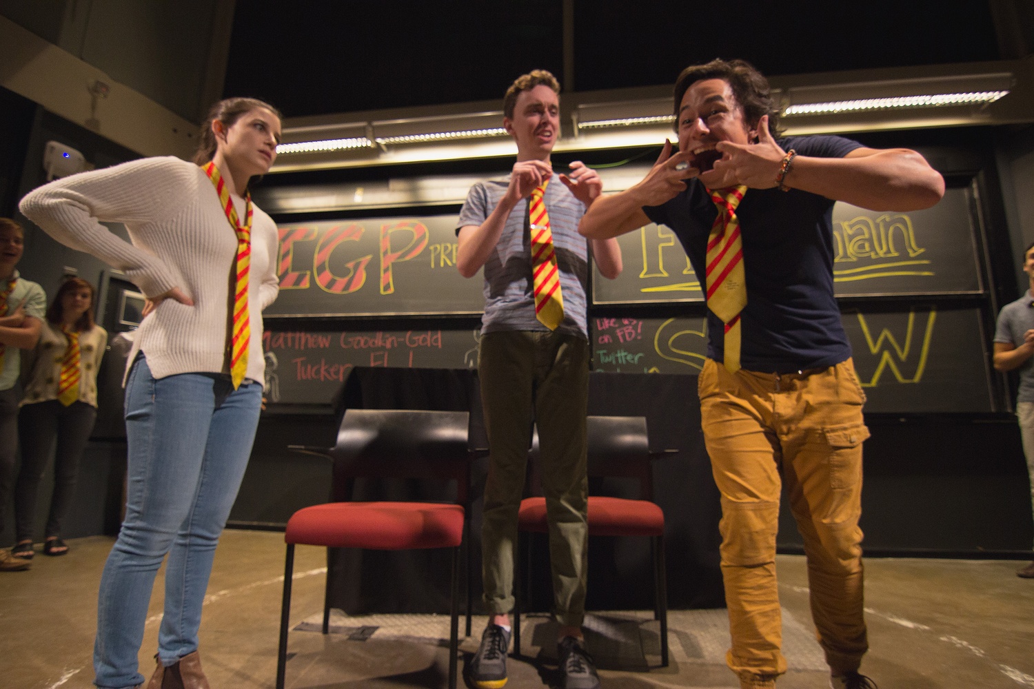 Adam Wong '17, Mike Skerrett '18, and Nicky Hirschhorn '16 perform in the IGP Freshman Show.
