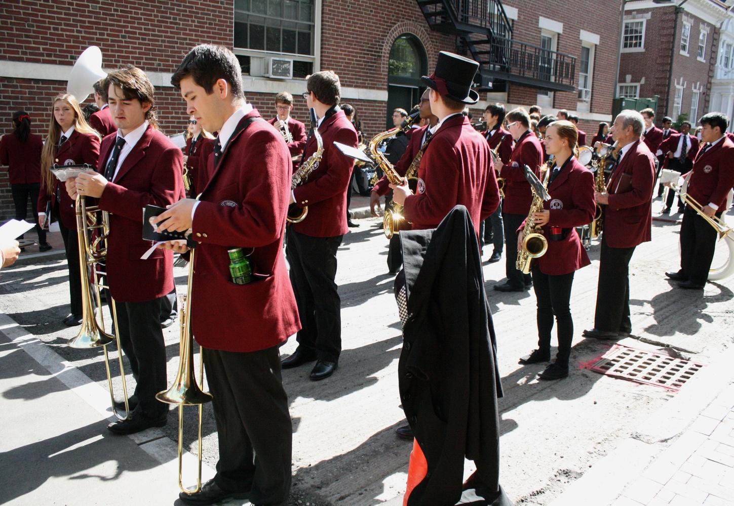 The Harvard University Band prepares to play at the Harvard-Brown football game on Saturday afternoon.