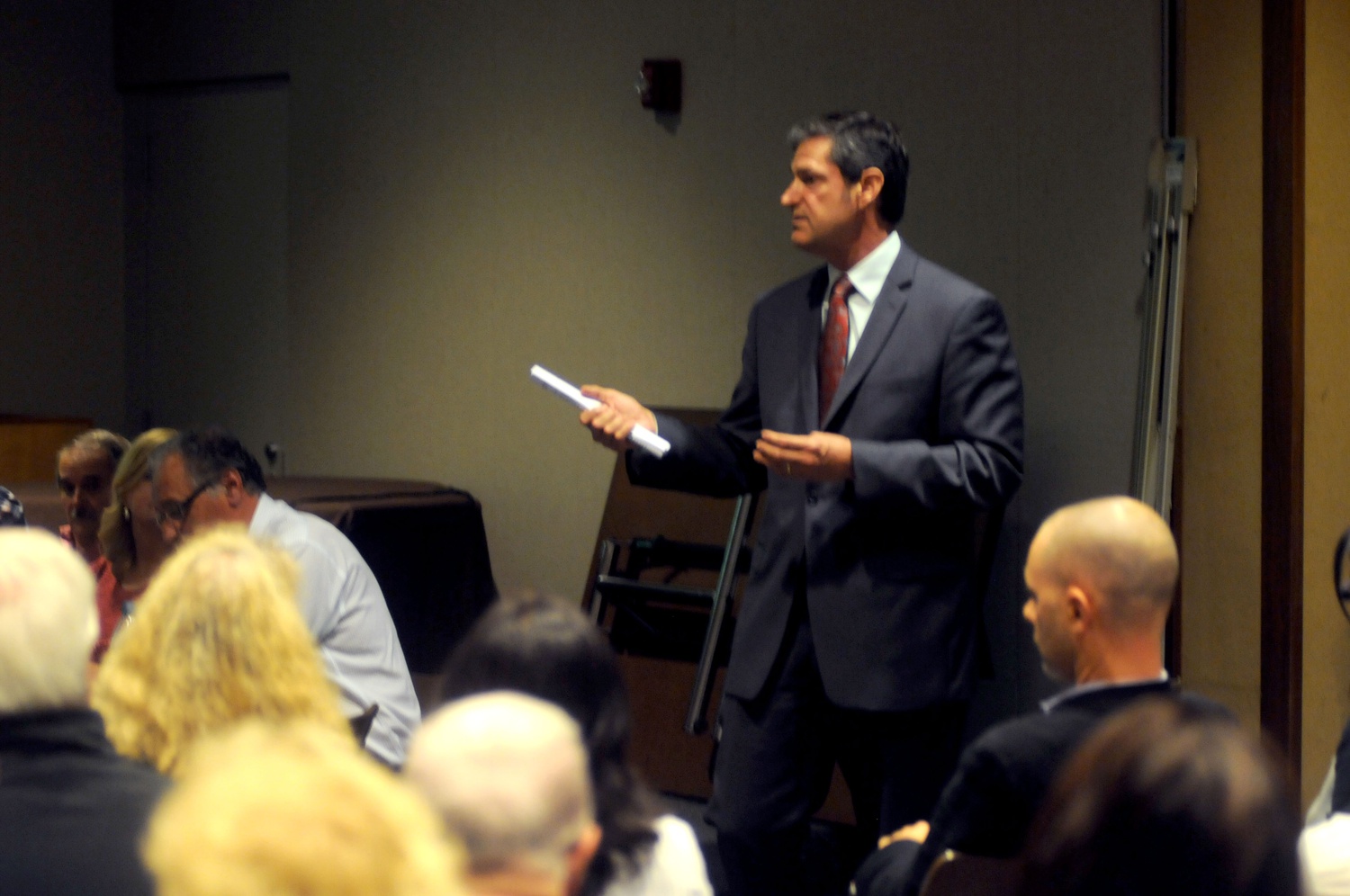 Kevin Casey, Harvard Associate Vice President for Public Affairs and Communications, discusses the progress of Harvard’s projects in Allston at a public meeting Wednesday at the Honan-Allston Library. 