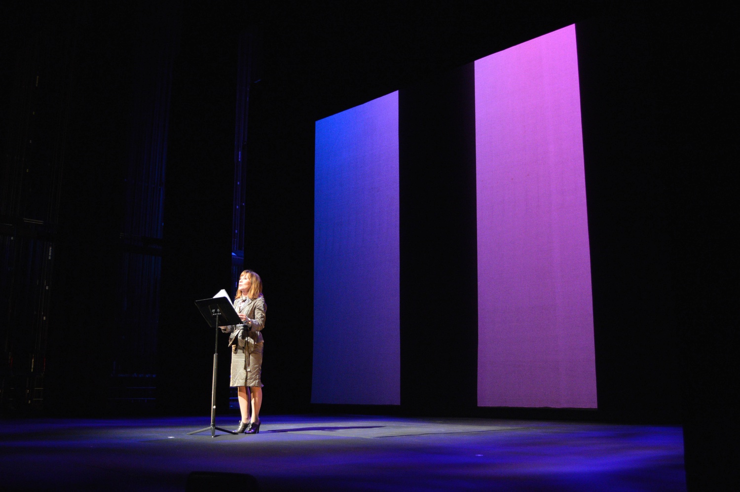 Against a backdrop of blue and purple, Dean of Arts and Humanities Diana Sorensen comments on the significance of Theater, Dance, and Media as a new concentration in the context of the humanities faculty. "Like theater itself, it has been a collective effort," Sorenson said. 