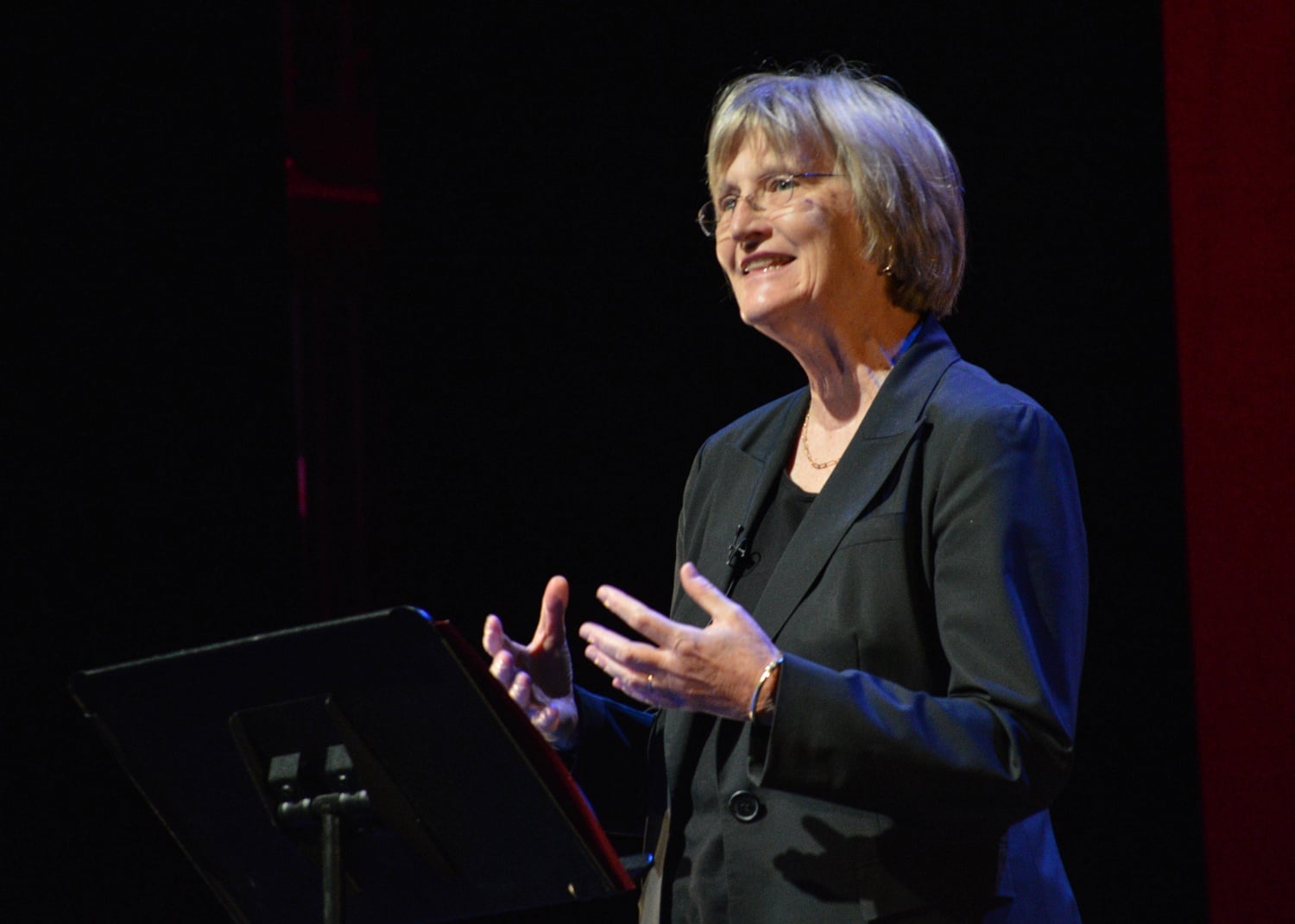 With faculty such as Dean of Arts and Humanities Diana Sorensen in the audience, University President Drew G. Faust addresses an auditorium in Farkas Hall about the significance of Theater, Dance, and Media in the context of undergraduate education. 