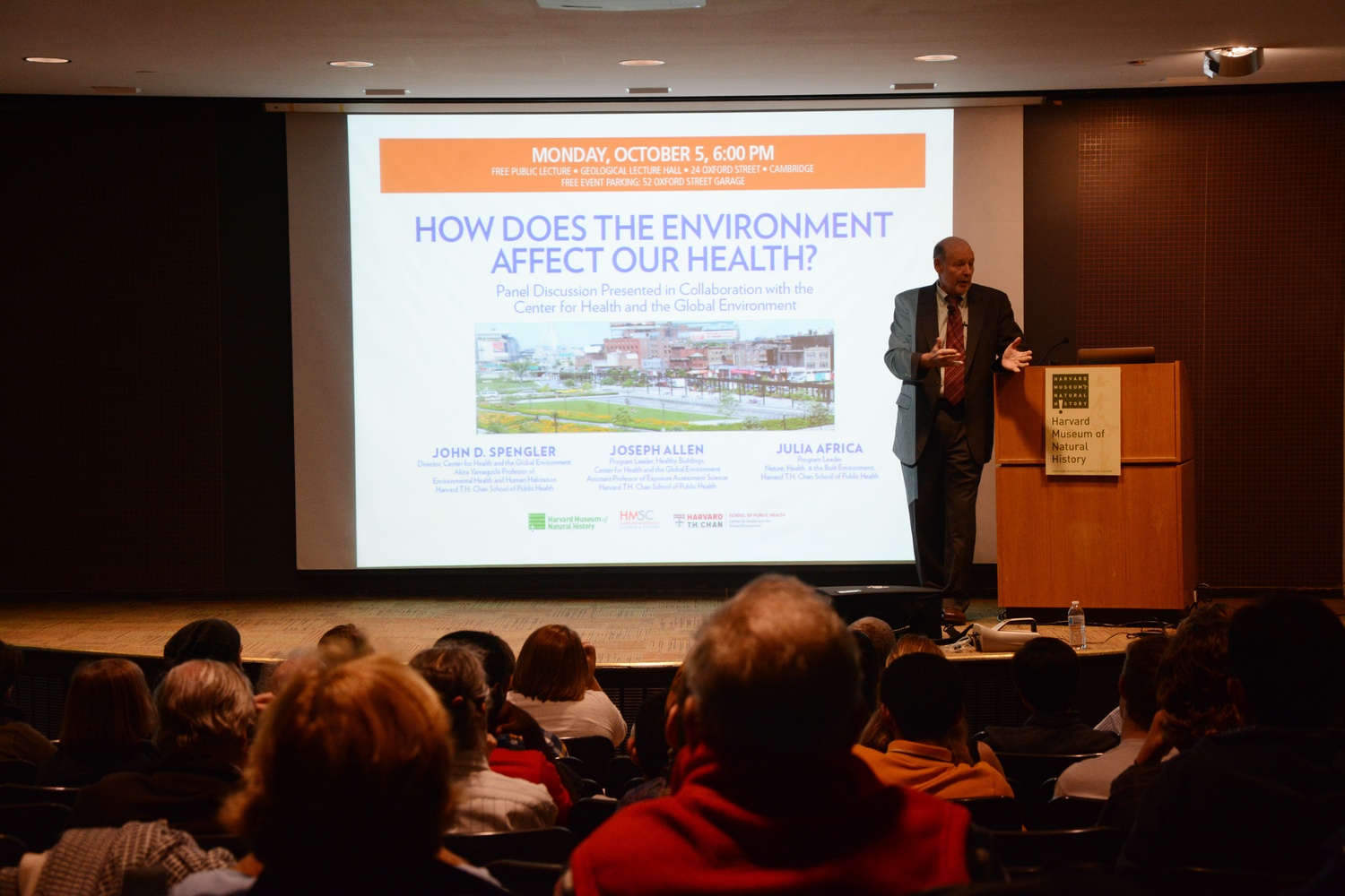 John D. Spengler addresses how urban environments affect human health at the Harvard Museum of Natural History on Monday afternoon. The lecture was hosted in collaboration with the Center for Health and the Global Environment and the Harvard T.H. Chan School of Public Health.