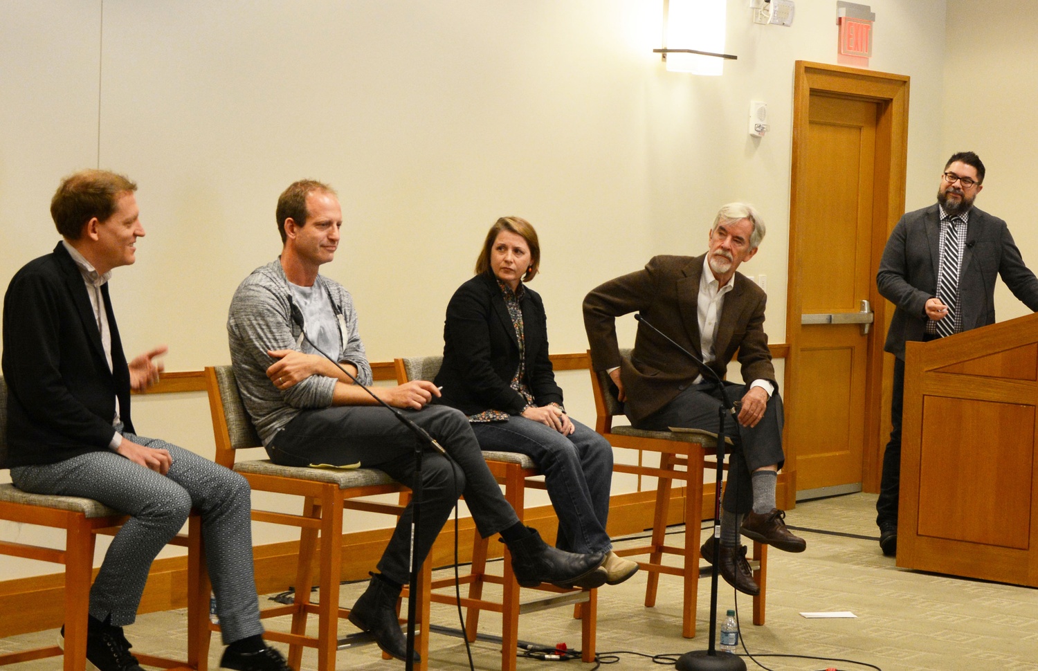 From left to right: Benjamen Walker of Radiotopia’s podcast Theory of Everything, Jake Shapiro and Kerri Hoffman of Public Radio Exchange, and Chris Lydon of Radio Open Source speak on the future of podcasts. The panel at the Law School on Tuesday was moderated by Berkman Center for Internet and Society’s Faculty Co-Director Christopher T. Bavitz. 