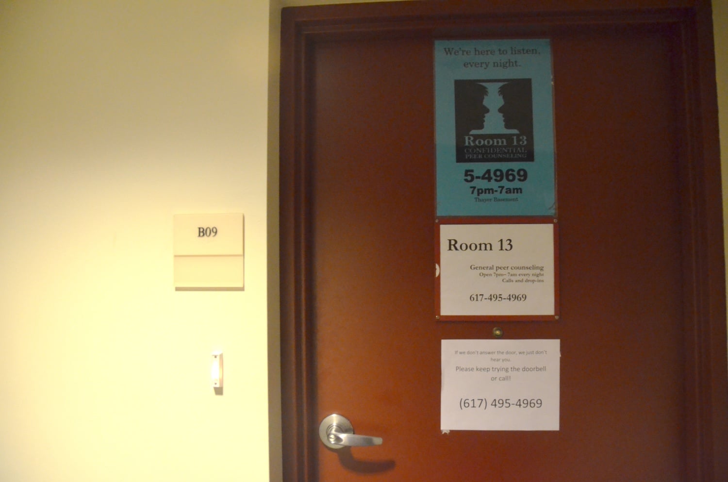 A sign on Room 13's door reads, "We're here to listen, every night." Room 13, a peer-counseling group, is open from 7 p.m. to 7 a.m. every night of the week.