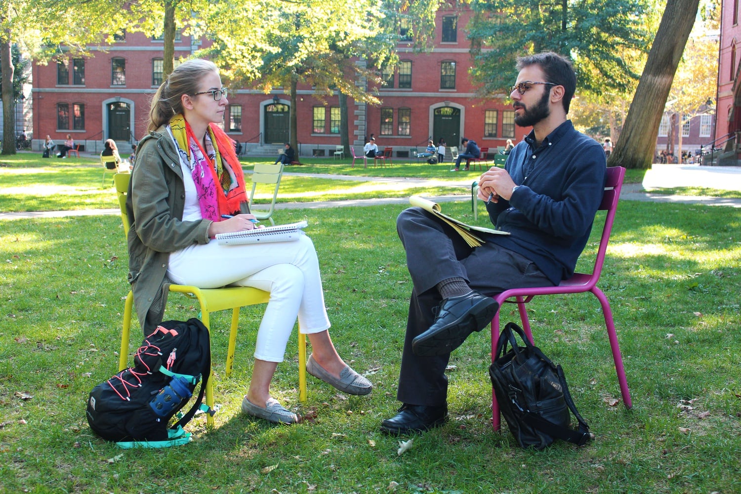 Jenny I. Makovkina ‘16 and teaching fellow Jake C. Ransohoff talk outside and get some fresh air on Wednesday afternoon. 