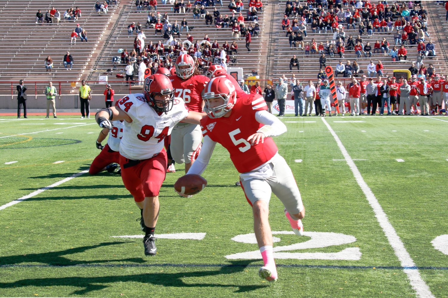 Senior defensive end Dan Moody and the rest of the Harvard defense did not make it easy for Cornell quarterback Robert Somborn, who was picked off three times. The Crimson topped the Big Red, 40-3. 
