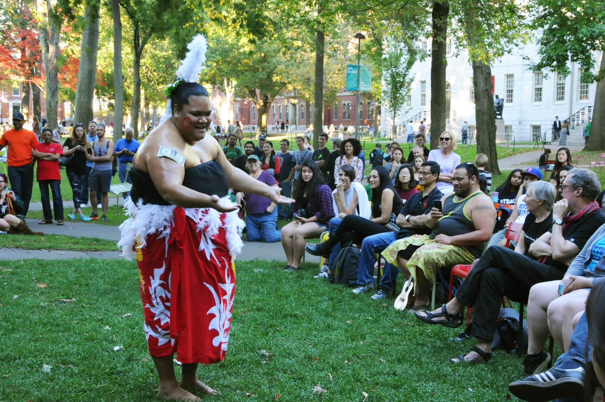Devynne F. Fuga performs a Polynesian dance for the Indigenous Peoples’ Day celebration in Harvard Yard on Monday.