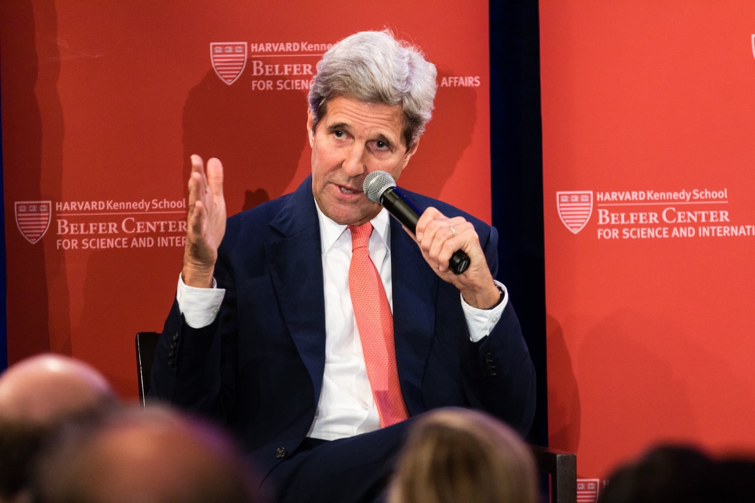 Former Secretary of State and current Special Presidential Envoy for Climate John F. Kerry — seen here at a Kennedy School event in 2015 — gave the keynote speech at an HKS climate conference Friday.