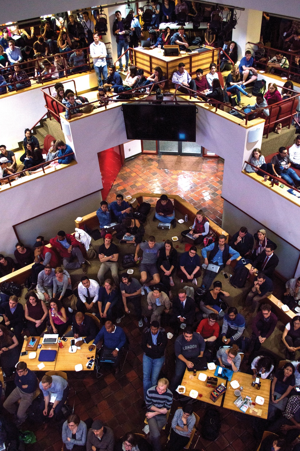 Students crowded the John F. Kennedy Jr. Forum to watch a screening of the Democratic presidential debate in Las Vegas on October 13, 2015. 