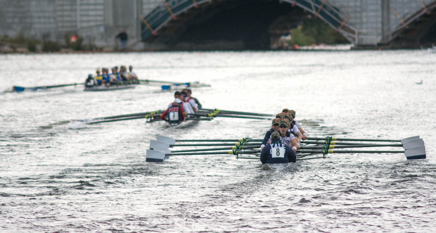 The Yale and University of Pennsylvania men’s lightweight crew teams compete in the penultimate race of this year’s Head of the Charles regatta.