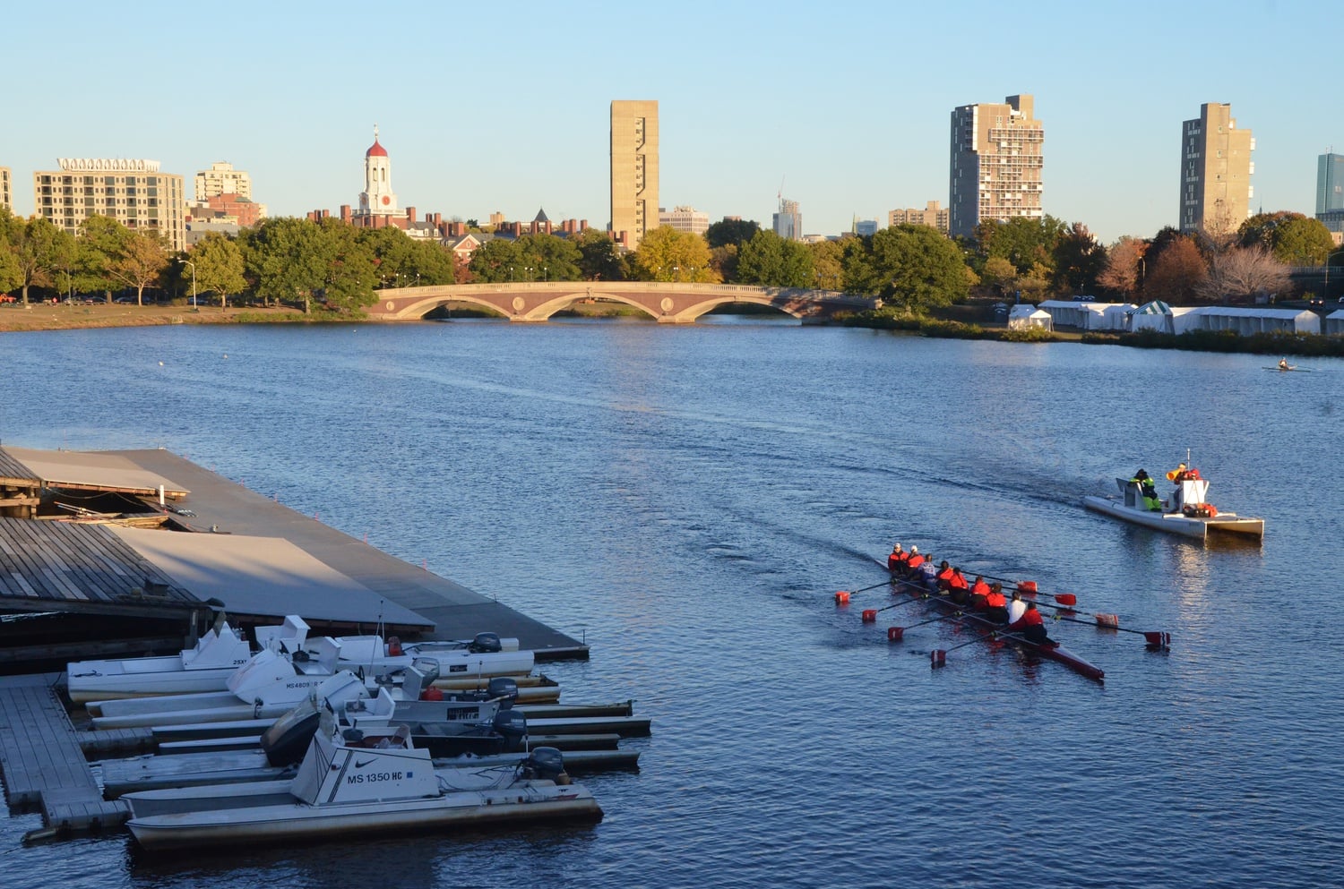 Students from Harvard College, Boston Latin School, and other neighboring schools row on the Charles River on Monday afternoon.