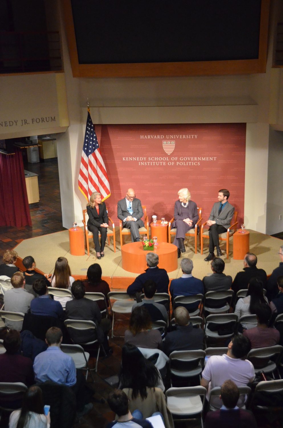 Dana Born, a Kennedy school lecturer in public policy, moderates a discussion on religion, conservatism, and marriage equality with Andrew Sullivan, former chief justice of the Massachusetts Supreme Court Margaret H. Marshall, and Matthew R. Vines '12 on Monday evening at the Kennedy School.