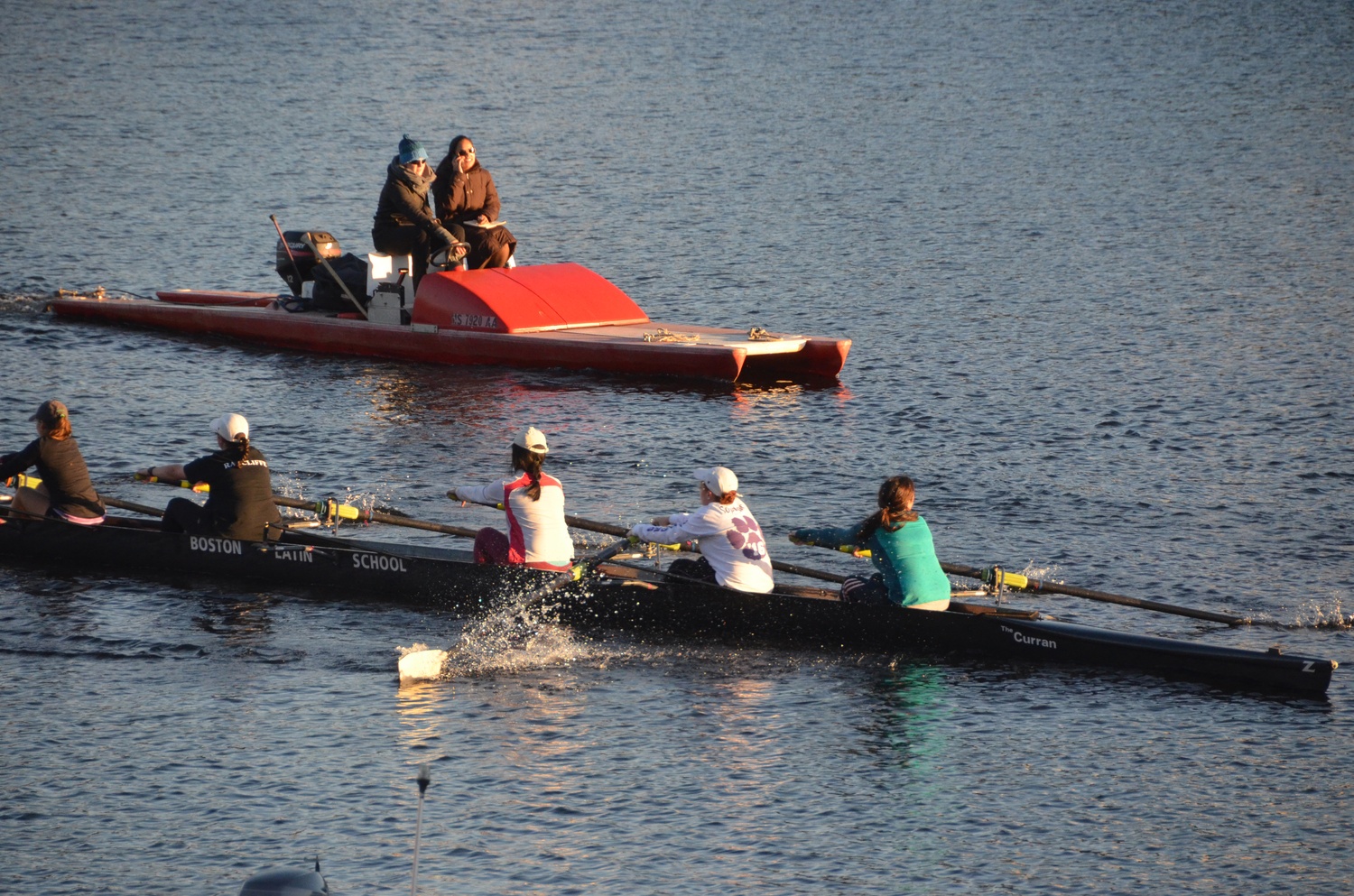 Students from Boston Latin School row on the Charles River on Monday afternoon.