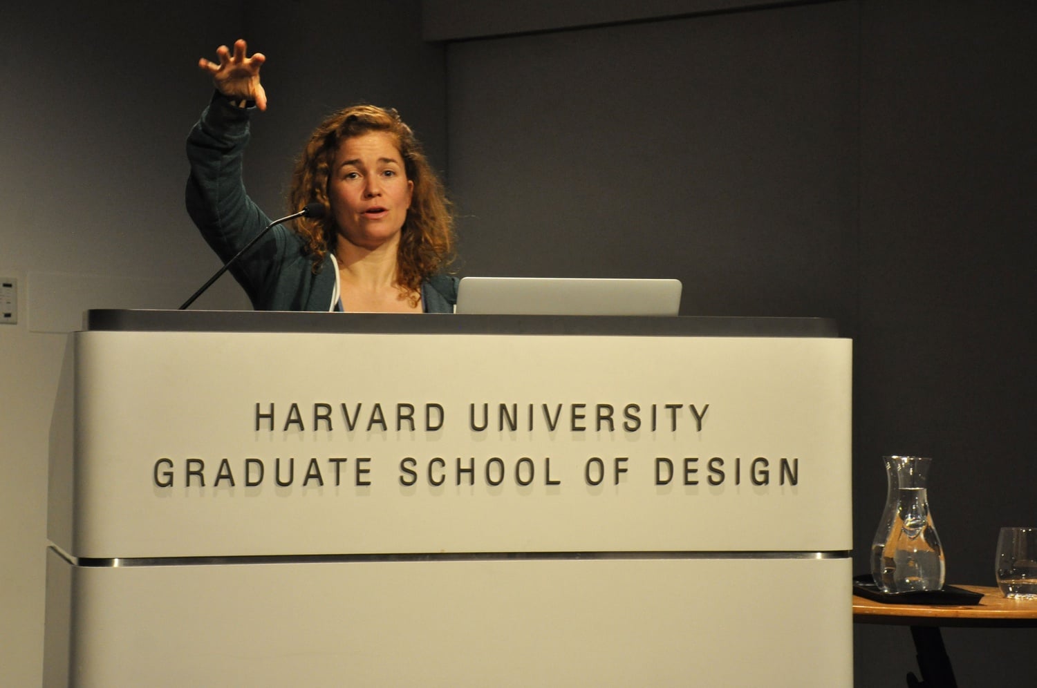 Caledonia Curry discusses her work at the Loeb Fellowship 45th Anniversary Lecture on Thursday. Curry, who works under the name “Swoon,” is a classically trained artist and printmaker interested in the relationship between people and the built environment.