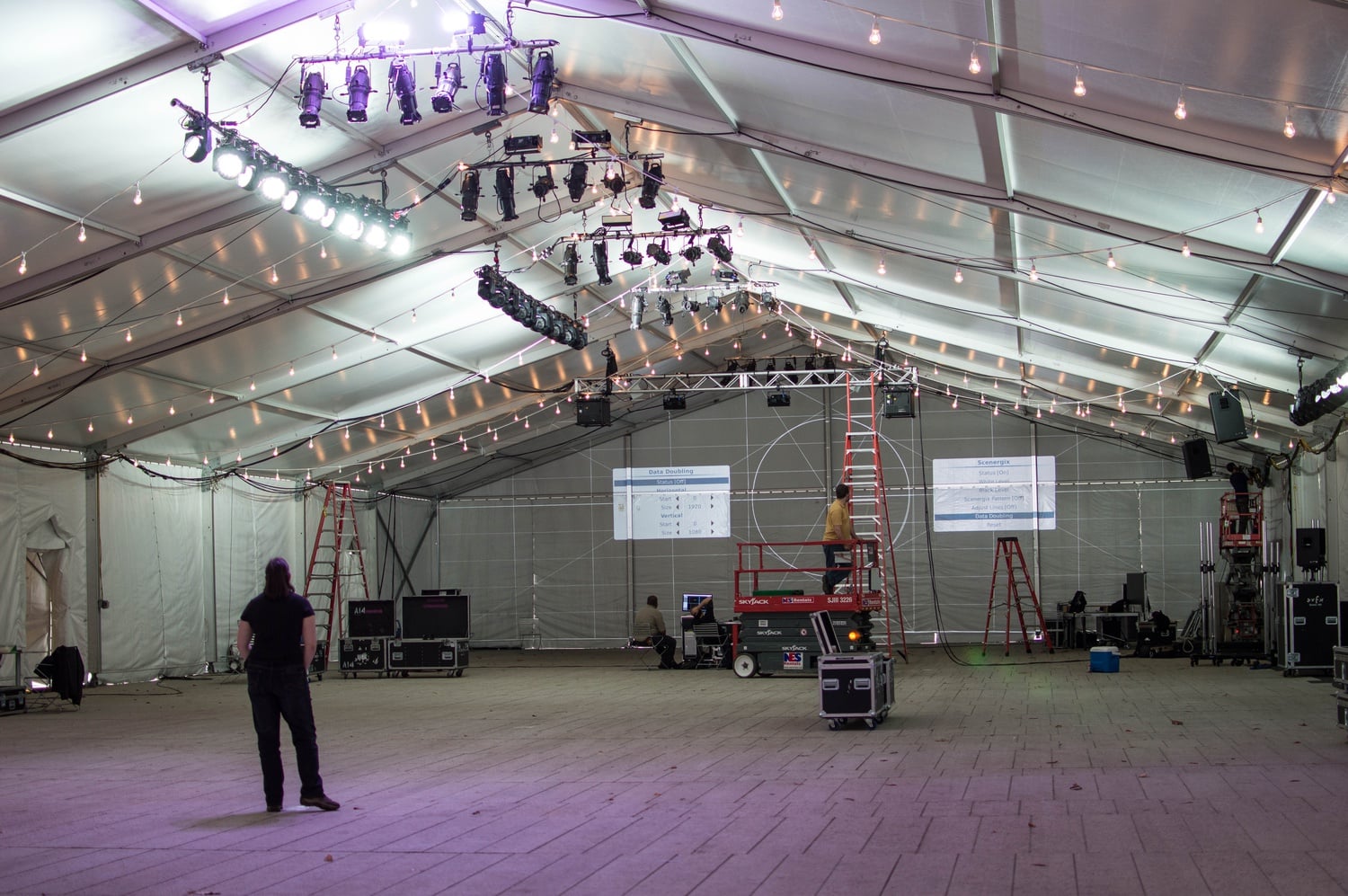Lights are set up in the Science Center tent ahead of the launch of the Law School’s Capital Campaign launch event on Friday. 