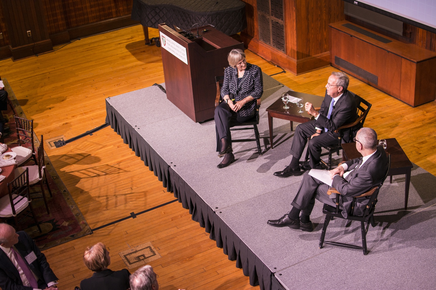 University President Drew G. Faust leads a discussion on the future of university education with Richard C. Levin and David J. Skorton, the former presidents of Yale and Cornell, respectively. 