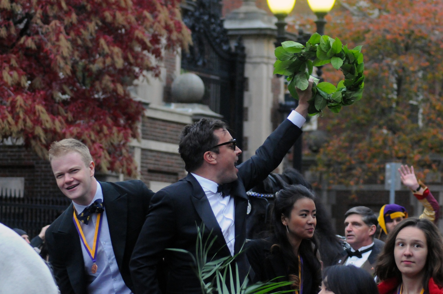 Comedian and "Tonight Show" host Jimmy Fallon parades through Harvard Square on Saturday, when the Harvard Lampoon crowned him the "Emperor of Comedy."