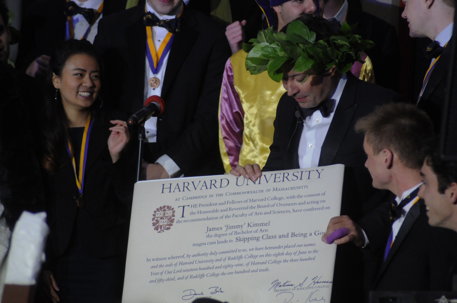 Jimmy Fallon receives a bachelor's degree for "Skipping Class and Being a Goof" during the Harvard Lampoon's celebration in his honor on Saturday afternoon.