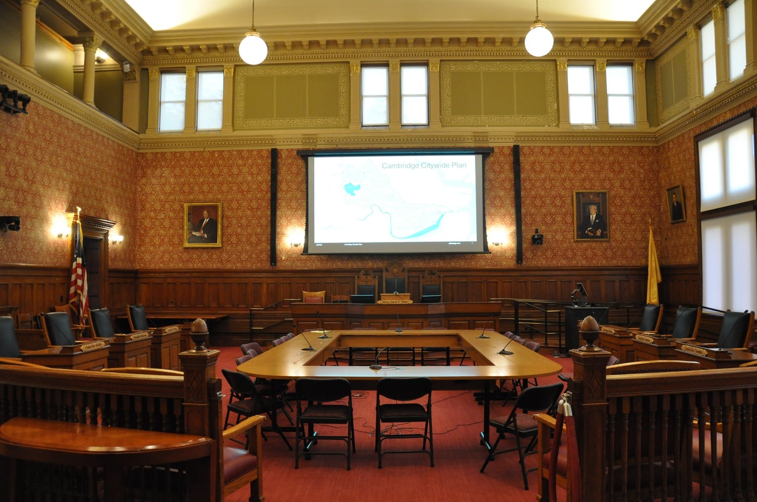 The Cambridge City Council meets in the Sullivan Chamber, pictured before a 2015 meeting. On Thursday, the Council's Ordinance Committee voted to advance a proposal to eliminate single-family zoning in Cambridge.