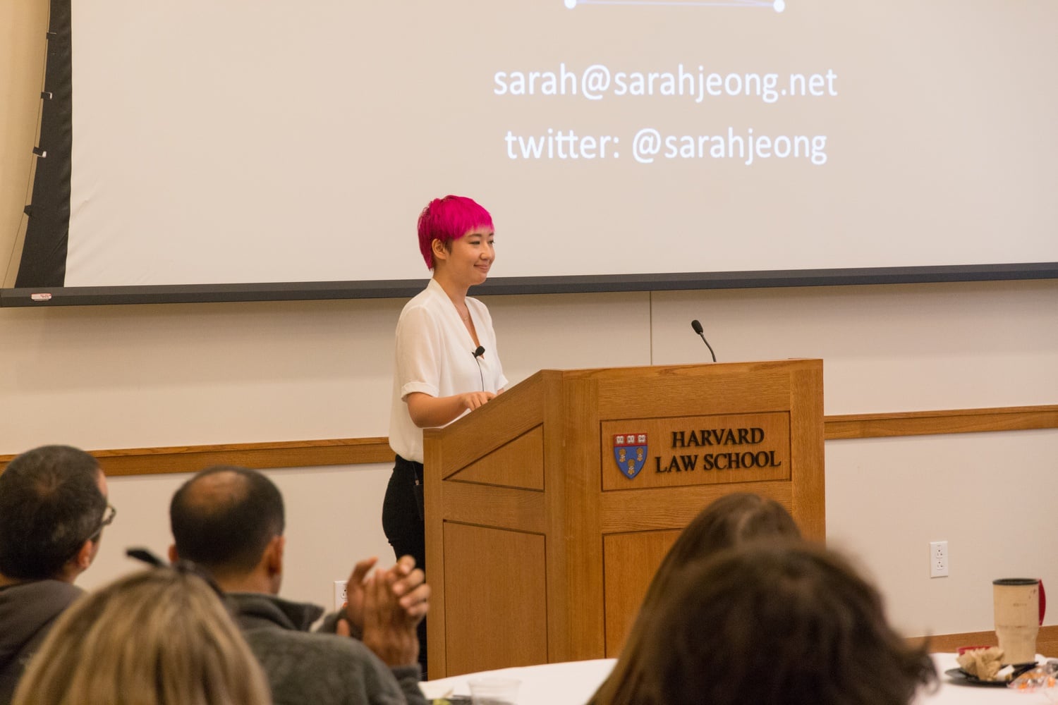 Sarah Jeong, the author of “The Internet of Garbage,” answers audience questions at the end of her presentation. Her presentation provided a perspective on online harassment, along with lessons and caveats.