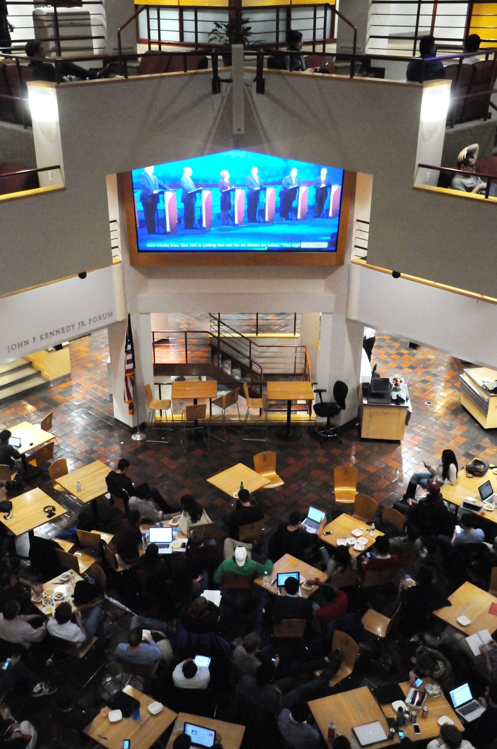 Harvard students watch the Republican presidential nominee debate at the Institute of Politics last October.