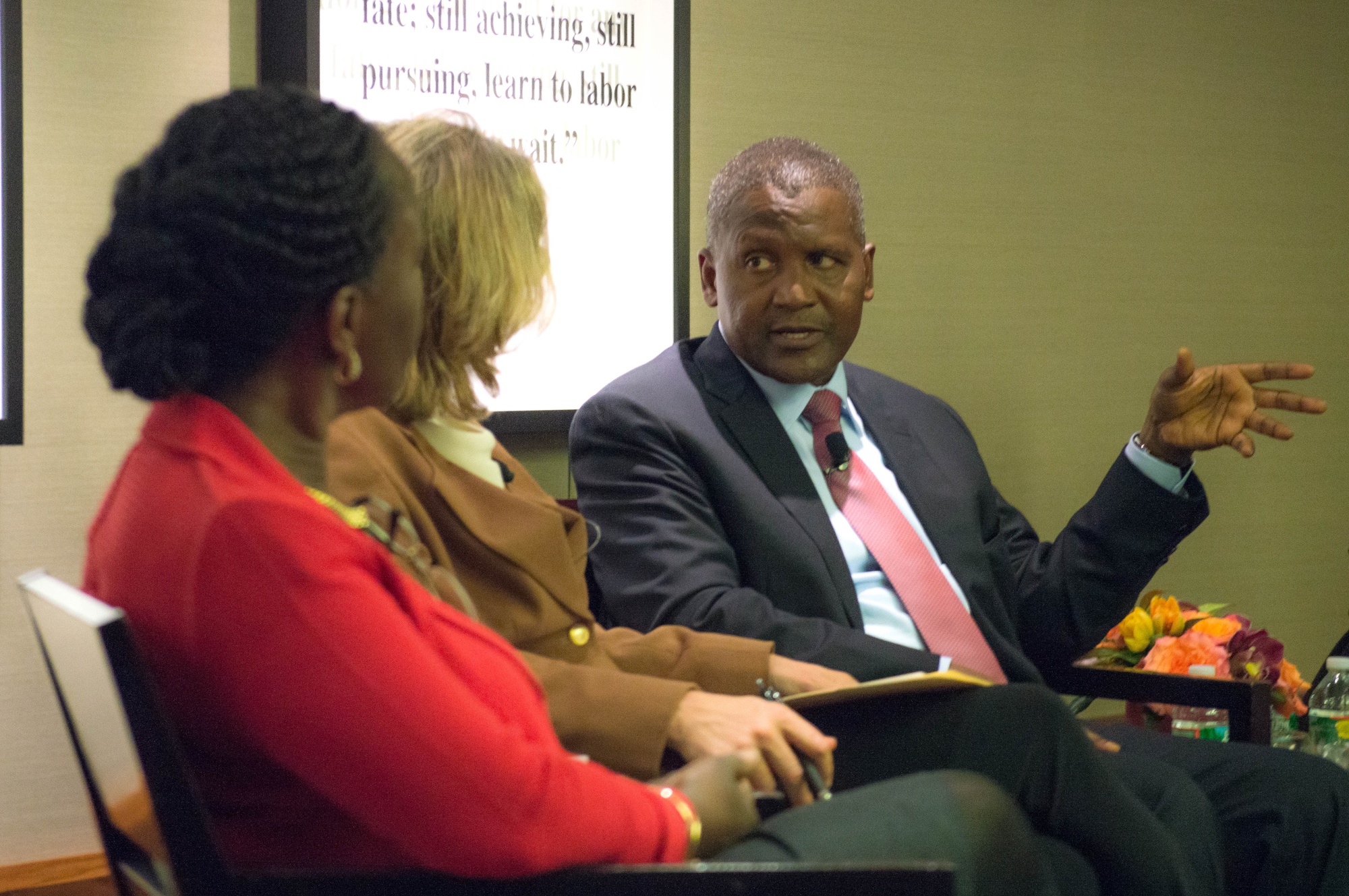 Nigerian entrepreneur Aliko Dangote Dangote, named Africa’s wealthiest business man by Forbes, speaks during an event hosted by the Center for African Studies. Caroline Elkins, the CAS faculty director who opened the event, highlighted Dangote’s impact on growing Nigeria’s economy, likening Dangote to names like Rockefeller and Jobs for his “impact as a business leader and the ways in which he has been a change engine for not only his country, but his continent.”