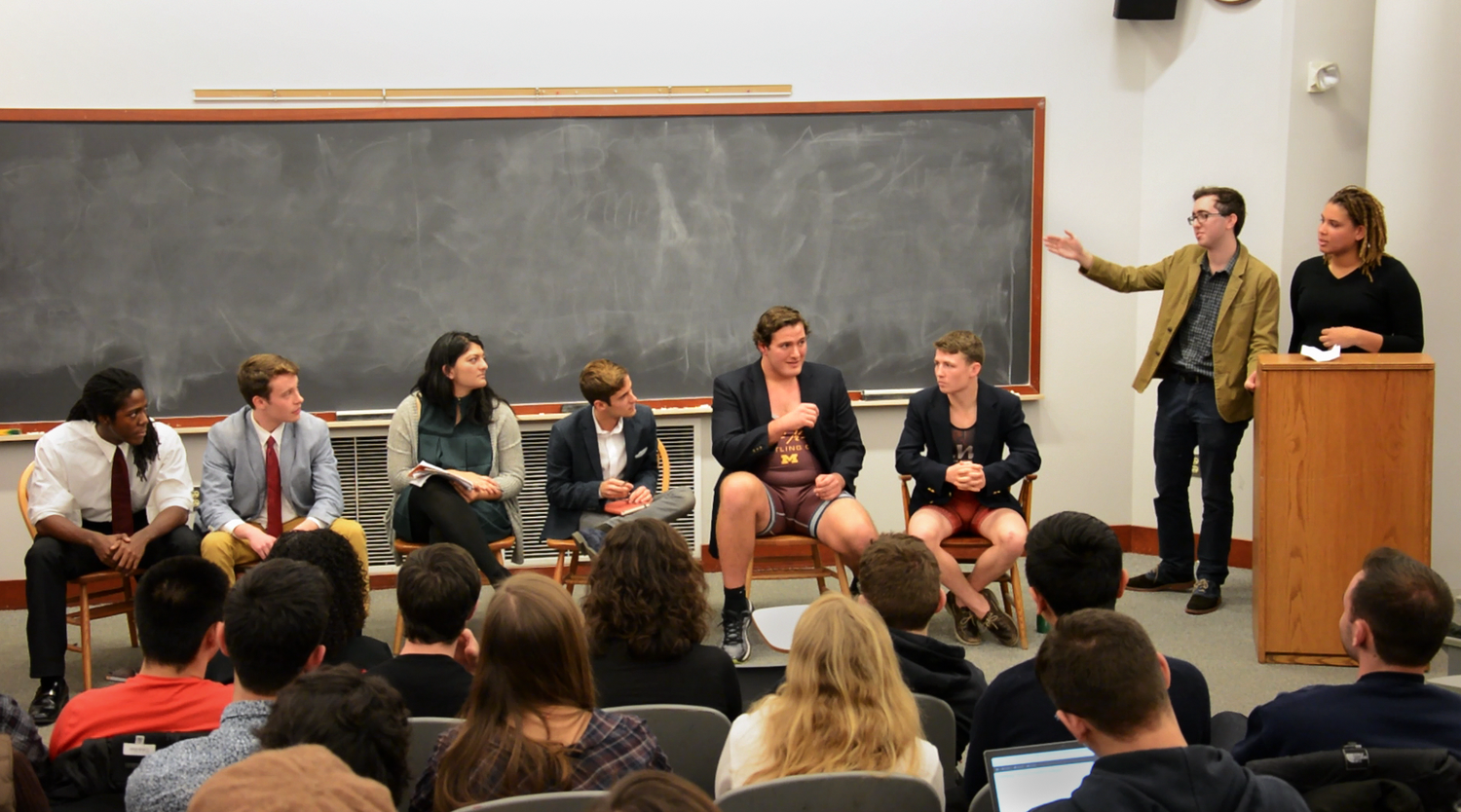 Undergraduate Council hopefuls answer questions during The Crimson-UC Crossfire Debate on Saturday evening. The candidates discussed topics including social inclusivity, sexual assault policy, and undergraduate mental health. 