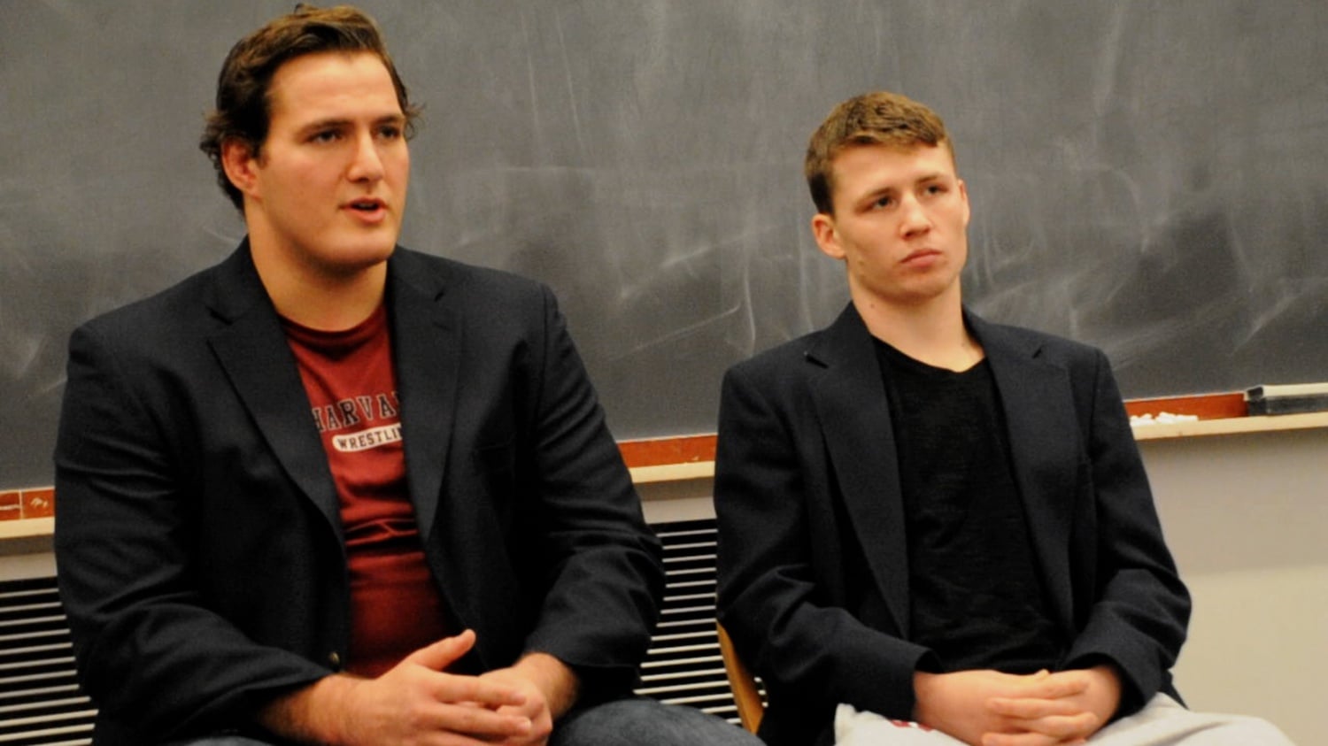 Nick E. Gajdzik ’17 of Kirkland House and Jeffrey M. Ott ’17 of Kirkland House speak at the UC-Crimson Crossfire Debate on Saturday evening.