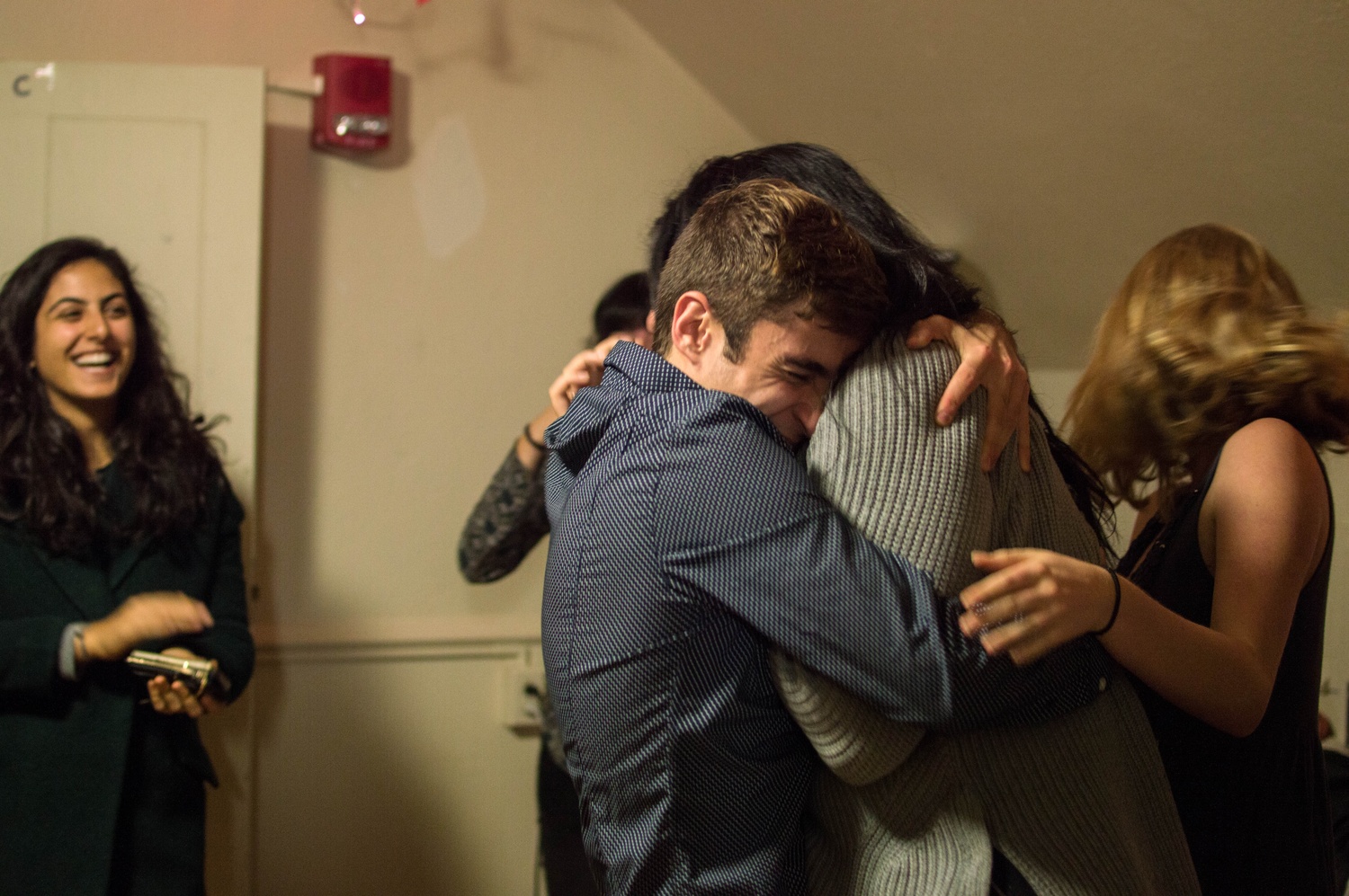 Shaiba Rather '17 and Daniel V. Banks '17 embrace upon winning the election for Undergraduate Council President and Vice President.  Coming in second place were William A. Greenlaw and William F. Morris IV '17, followed by a third place showing of Nick E. Gajdzik '16-17 and Jeffrey M. Ott '16-17. 