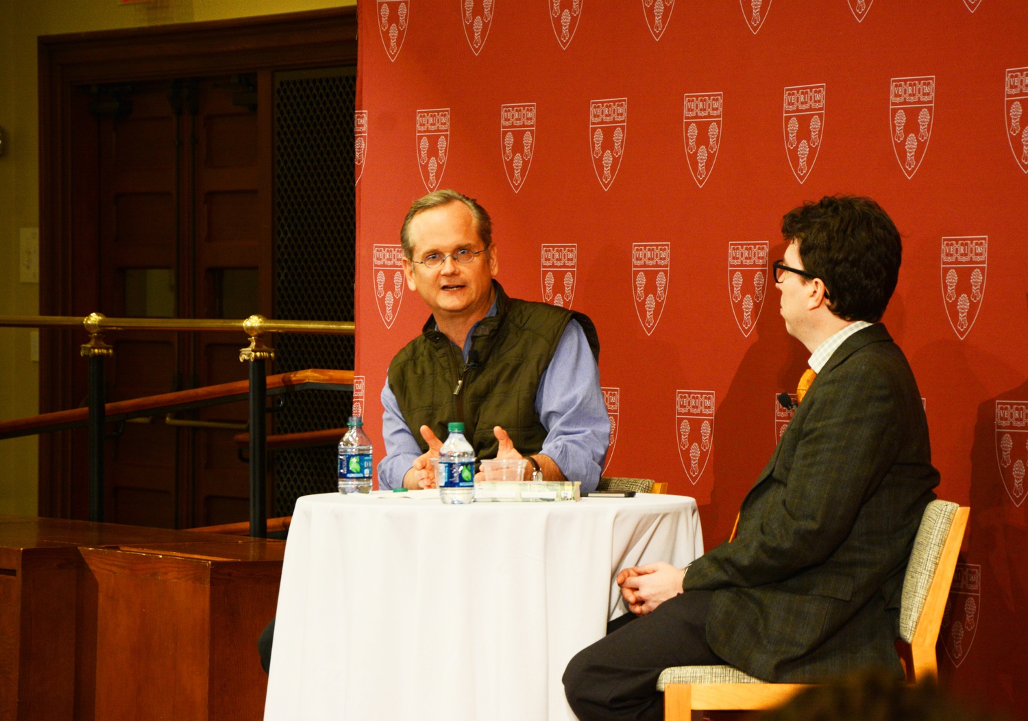 Law School professor Lawrence Lessig, left, and Law professor Jonathan Zittrain discuss what Lessig learned from his presidential candidacy at Harvard Law School in 2015.