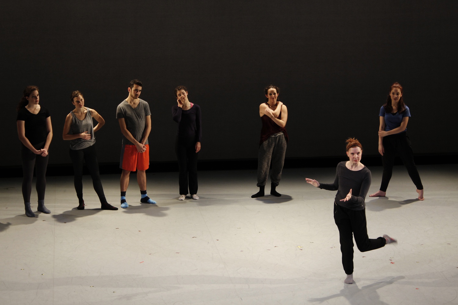 Jill Johnson, artistic director of the Harvard Dance Project, leads an open rehearsal of students’ work-in-progress for their spring performance. 