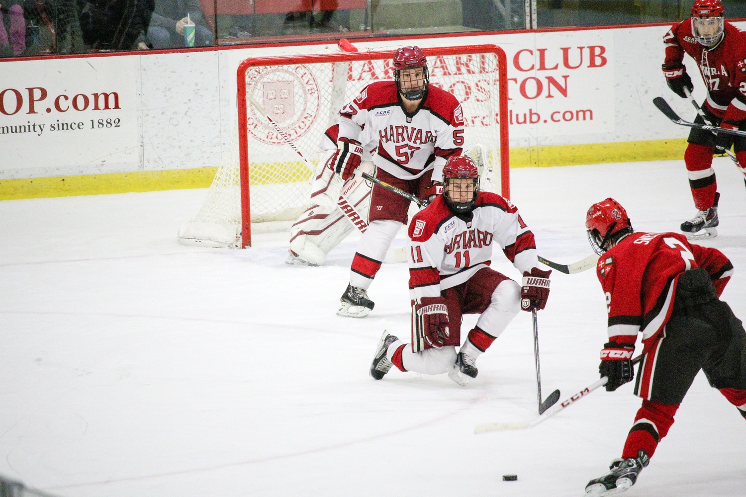 Captain Kyle Criscuolo, pictured aiming to block a shot against St. Lawrence in 2013, tallied two goals against Notre Dame on Friday.