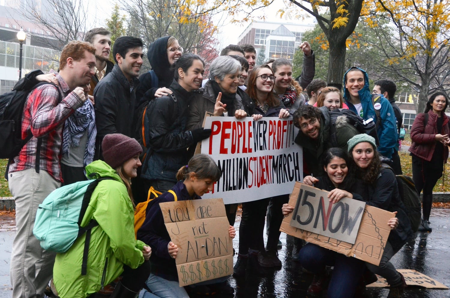 Presumptive Green Party presidential candidate Jill Stein ’73 poses for a photo with students at Northeastern’s Million Student March in October.