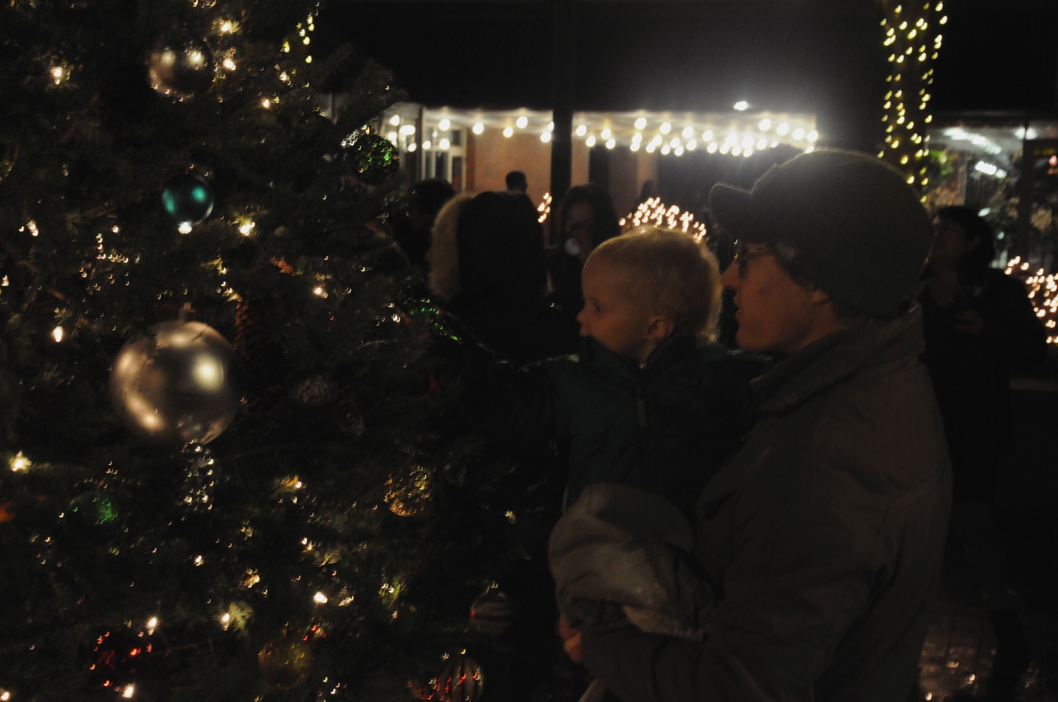A parent allows his curious child to touch ornaments on a tree during this year’s Christmas tree lighting event at The Charles Hotel.