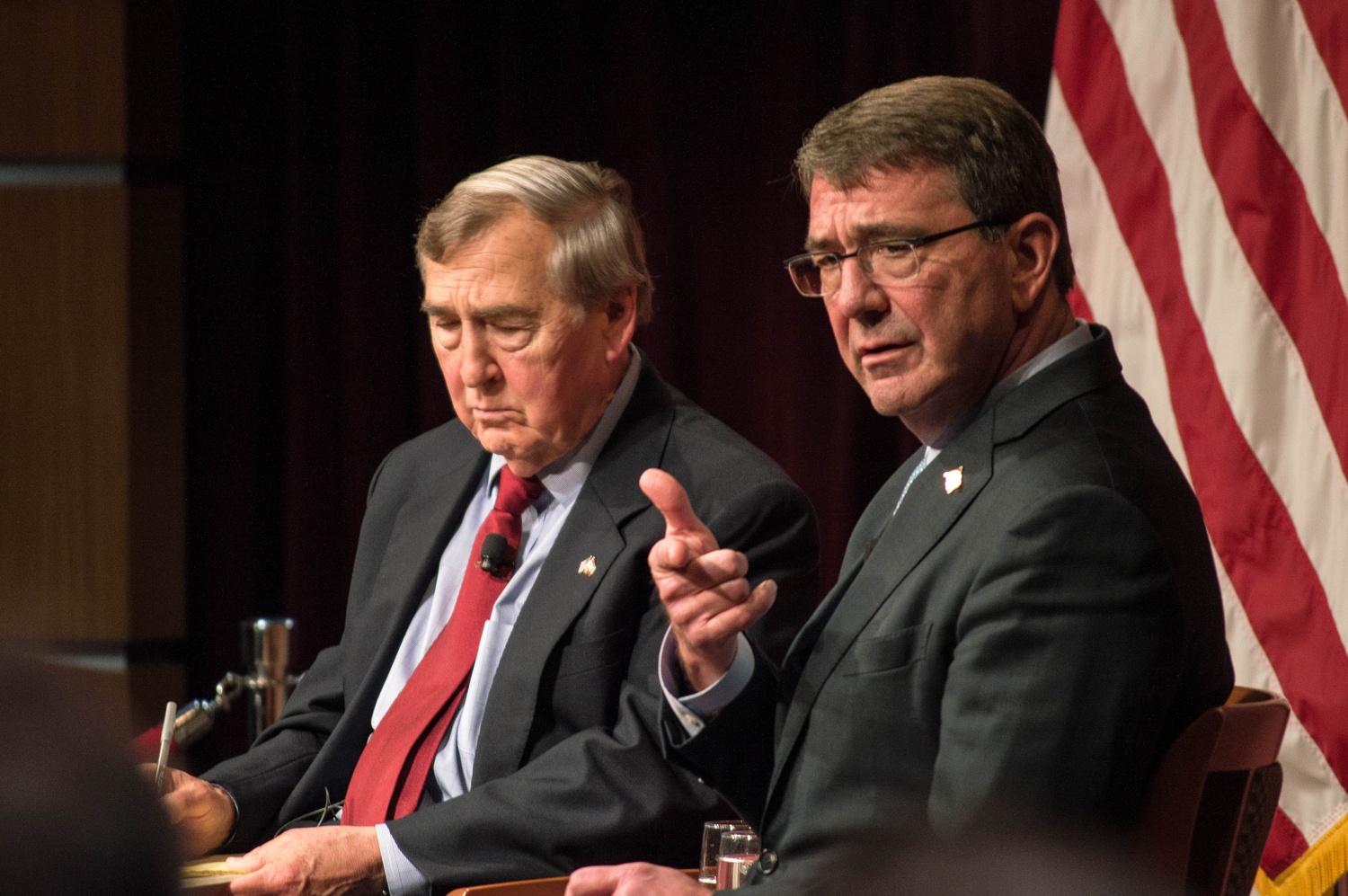 Ashton B. Carter, right, pictrued at a Harvard Kennedy School forum in 2015 alongside former HKS Dean Graham T. Allison '62. Carter died on Monday at age 68.