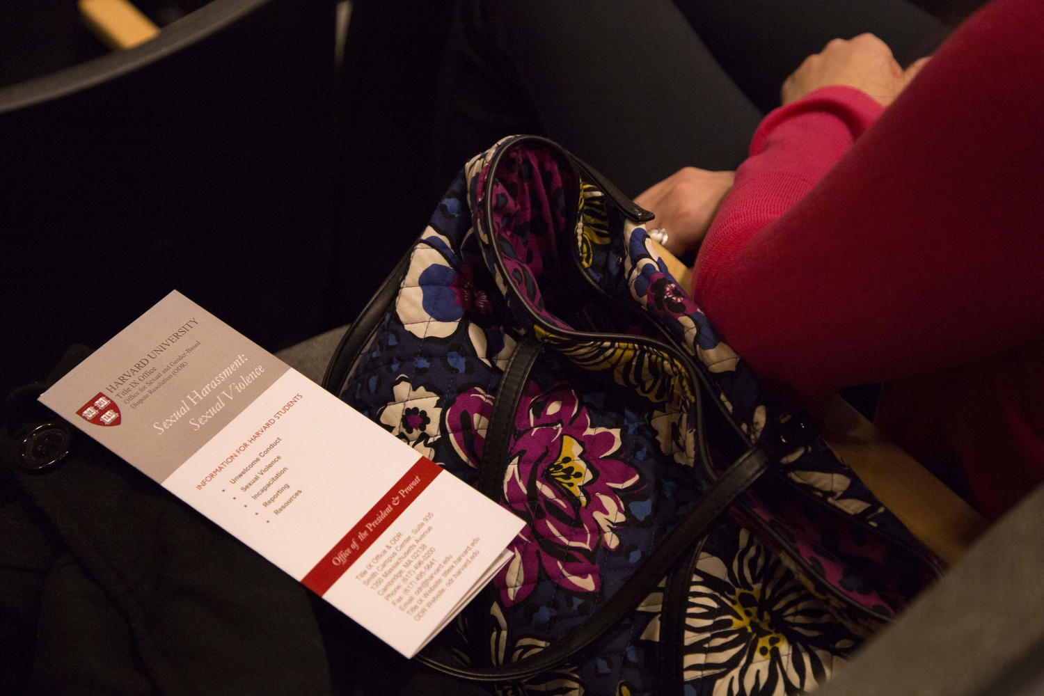 The Title IX Office provided an informational pamphlet about sexual violence during a presentation on sexual assault and bystander intervention featuring former Burlington, Vt. Police Chief Tom Tremblay in Ticknor Lounge in December 2015.
