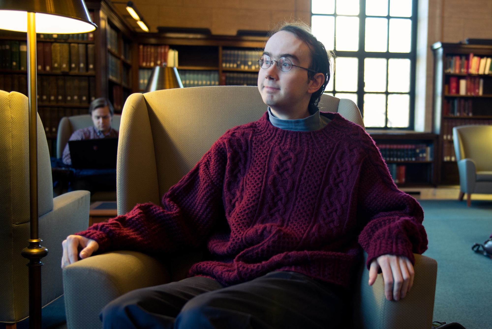 The corner of the Loker Reading Room in Widener Library is a favorite spot of Mark J. Arildsen '16 because he can see Harvard Square out of the window.