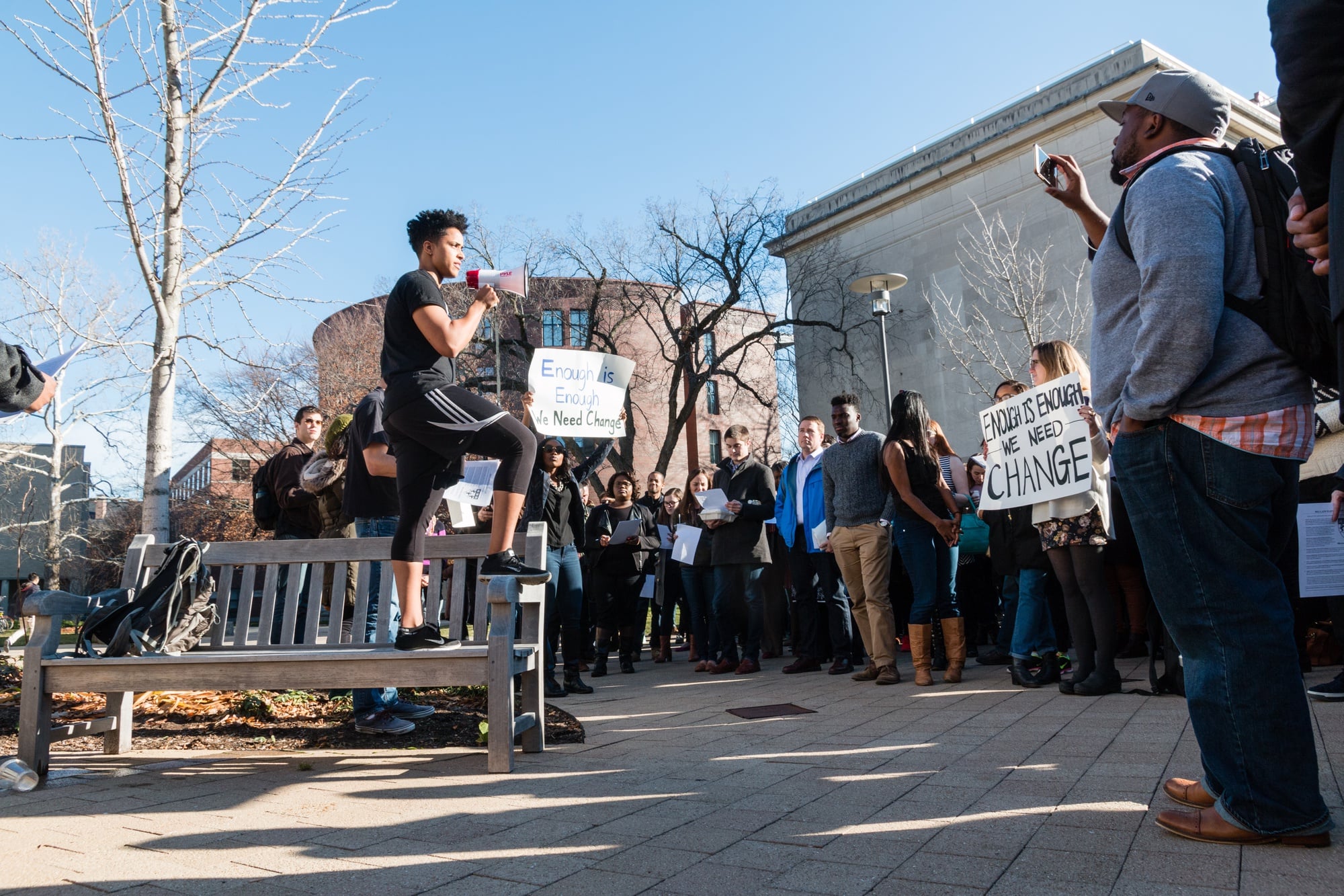 Harvard Law School student activists held a solidarity rally at Kumble Plaza on Monday afternoon. Law School Dean Martha L. Minow has yet to publicize a plan to implement student demands brought up during a community meeting last Friday.