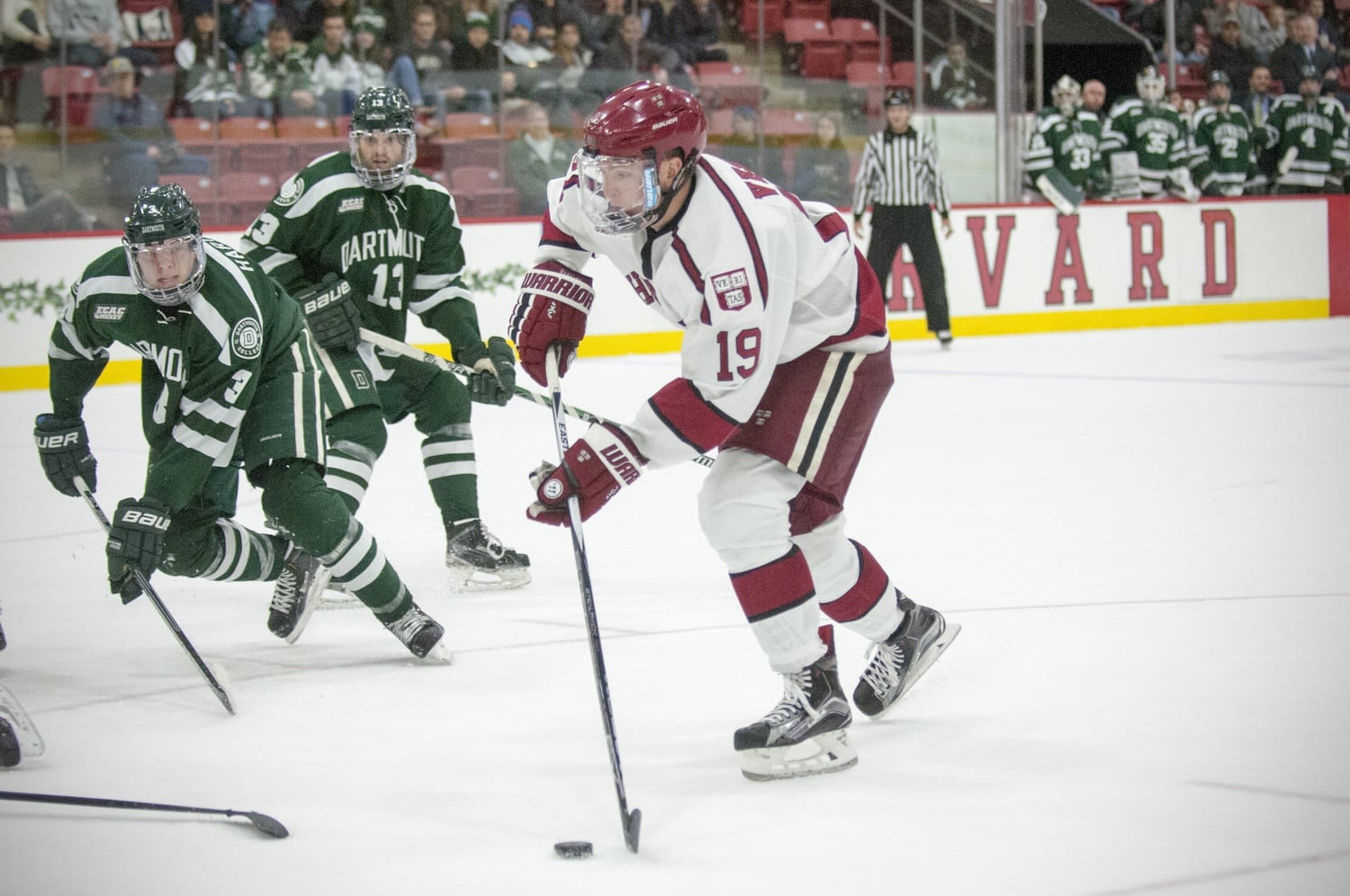 Jimmy Vesey, shown in action against Dartmouth on Nov. 1, has recorded eight goals and eight assists for the Harvard men's hockey team through 10 games this year.