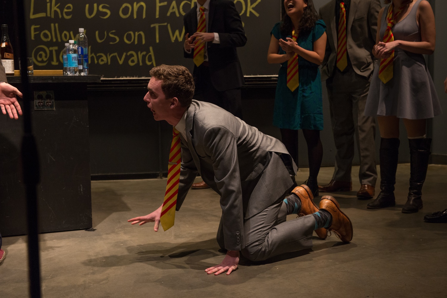 Skerrett acts as a grotesque, deranged baby in an improv sketch.