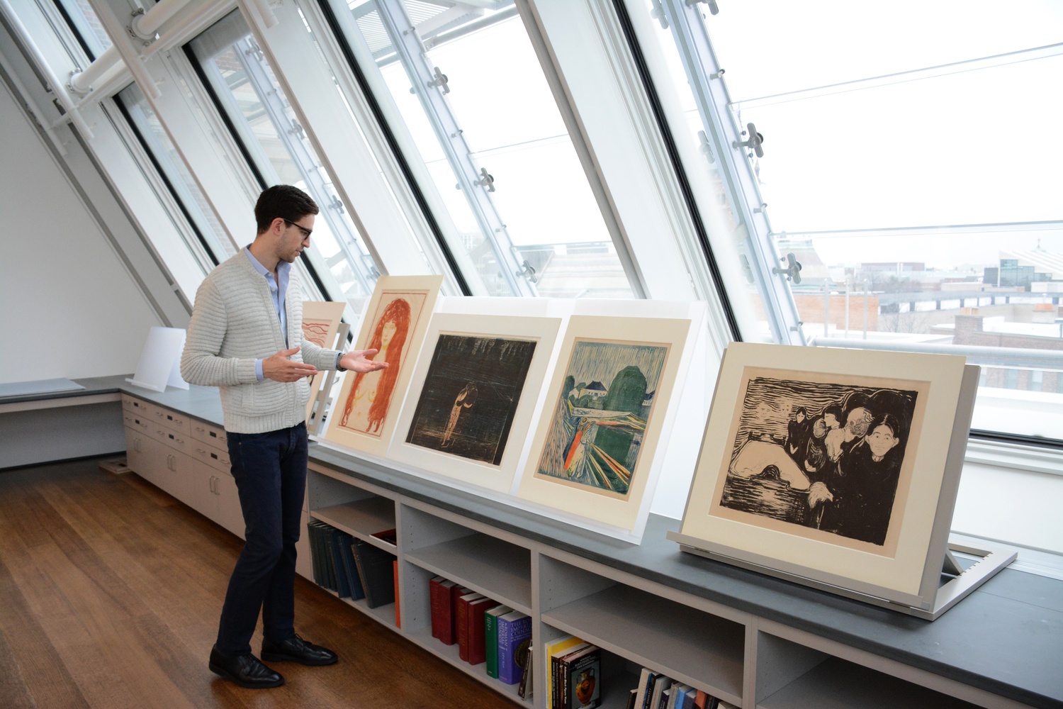 Harvard Art Museums curatorial fellow Robert E. Wiesenberger discusses museum archives during the Art Study Center Open Hours on Dec. 15. The open hours featured art from collections not currently on public view, including selected works from Corita Kent. 
