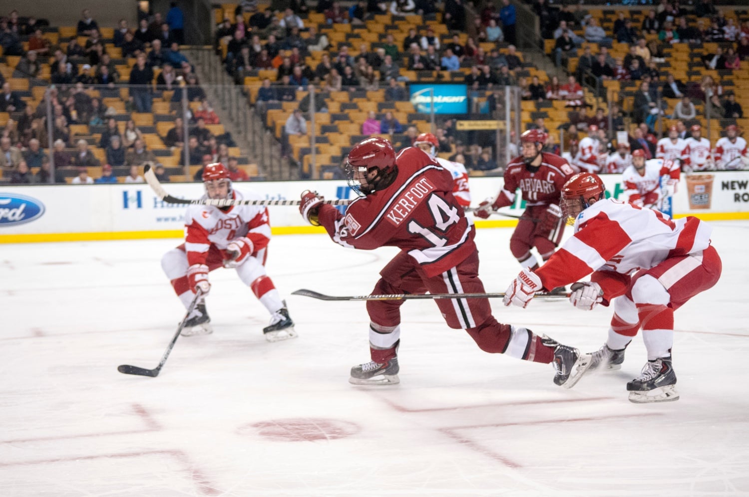 Junior forward Alex Kerfoot and the Crimson, now ranked No. 2 in the Pairwise, will look to hold its ground at home against No. 11/11 Boston University on Thursday.