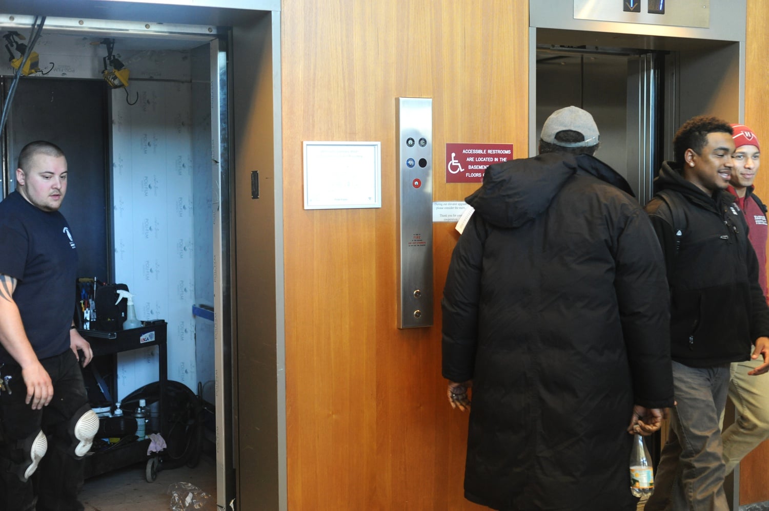 The elevator arrives on the first floor of William James Hall Monday afternoon. William James Hall was left with only two working elevators as the middle one was undergoing maintenance. All three will be operational in May. 